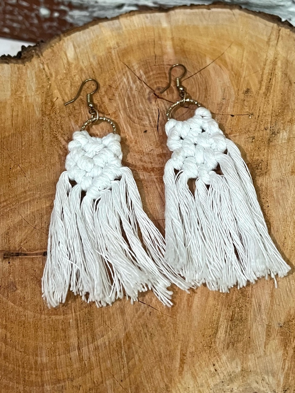 Macrame Tassel Earrings Boho White Handmade Woven Fringe Dangle Tribal Bohemian